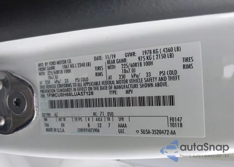 2020 Ford Escape Sel из США, поврежденный, VIN 1FMCU0H68LUA57128